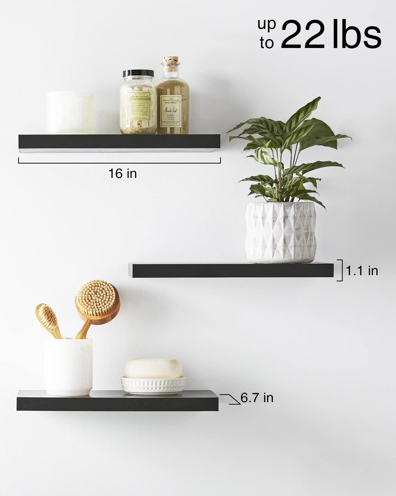 Floating Shelves, Wall Mounted Rustic Wood Shelves for Bathroom, Bedroom, Living Room, Kitchen, Small Hanging Shelf for Books/Storage/Room Decor with 22lbs Capacity (Black, Set of 3, 16in)